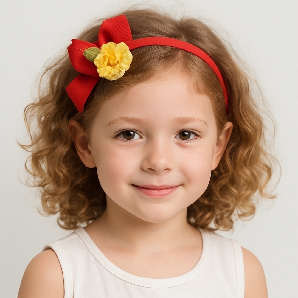 Hand Crafted red bow hairband hand knit crochet yellow rose with a ribbon flower